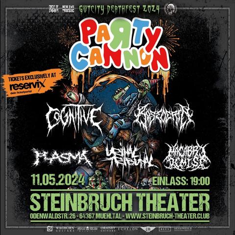 Grafik Mit Text. Event-Ankündigung Gut City Deathfest. Headliner Party Cannon. Weitere Acts: Cognitive, Bösedeath, Plasma, Urinal Tribunal & Macabre Demise.
11.05.2011 Steinbruch Theater, Odenwaldstraße 26, 664367 Mühltal; Einalss 19 Uhr.