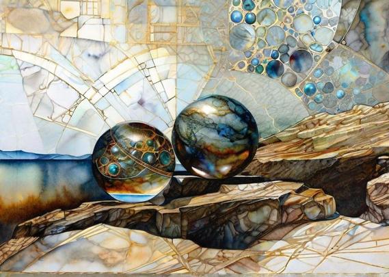 Two polished cosmic spheres with complex marbled patterns, resting on faulted rock formations, against a geometric textured backdrop. Abstract surrealism style.