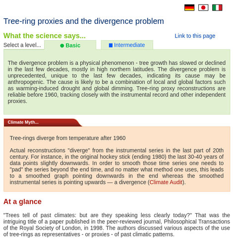 Screen capture of Skeptical Science article "Tree-ring proxies and the divergence problem."