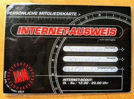 Internetausweis, Keywans persönliche Mitgliedskarte für das Internetcafe JAM in Köln, Gültigkeit 21.3.97-21.4.97
