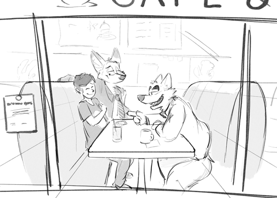 A sketch of a human and Mr. Wolf in diner booth, seen from the street outside. Mr. Wolf is leaning forward and pointing a finger at the human, in the middle of talking. The human is shyly rubbing his arm and avoiding eye contact, a sheepish smile on their face. Nick Wilde stands behind the human with his arm resting on the booth back, watching the two with an amused expression. There's a smartphone, soda and a mug of coffee on the table. In the background, there's a vague outline of menu boards and a kitchen.