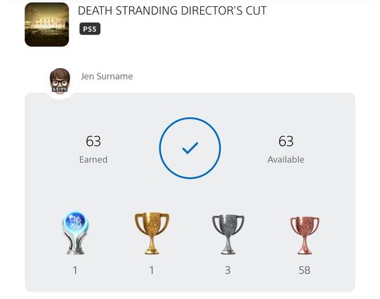 Screenshot of a gaming profile showing achievement statistics for "DEATH STRANDING DIRECTOR'S CUT" on PS5. The profile includes earned and available trophies: 1 platinum, 1 gold, 3 silver, and 58 bronze. A check shows all trophies have been collected.