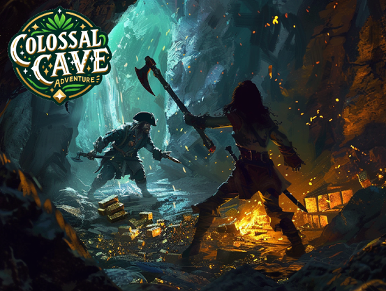 An adventurer confronting a pirate deep in a cavern canyon. There is treasure!