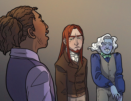 a redraw of a mbmbam screenshot. Darius and Gus are laughing at Hawthorne, who is staring at Darius with a deeply unamused expression.