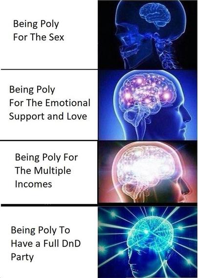 Basé sur le mème image de cerveaux lumineux 
Petit cerveau : Being poly for the sex
Cerveau normal : being poly for the émotional support and love
Cerveau lumineux : being poly for multiple incomes
Cerveau qui pew-pewte de la lumière : being poly to have a full DND party