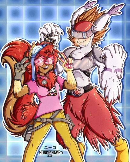 Digital drawing of Mundiena with the clothes of the masculine protagonist of Digimon Story: CyberSleuth with Silphymon