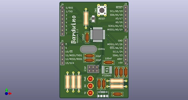 A 3D view of the top of the "Barduino" Arduino.  Pins are on the left and right side of the PCB, the ATmega328PB sits in the middle, and the FT230XS is nearer to the bottom.  A micro USB connector is on the bottom.  The rest is filled with glorious THT components.