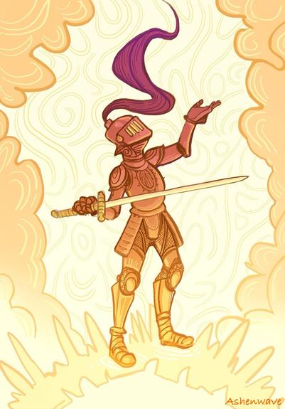 Illustration of a stylized knight standing on the surface of the sun, sword in hand, looking up at the clouds. Their left hand rises as if to grasp something delicately.