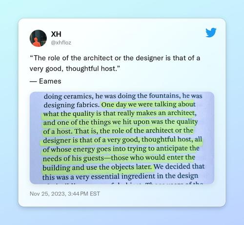 “The role of the architect or the designer is that of a very good, thoughtful host.”

— Eames https://t.co/kxiwSvFsfD