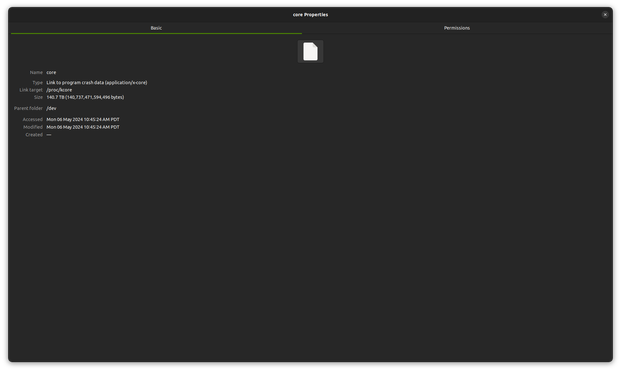 (TN x Basic Permissions Name core Type  Link to program crash data (application/x-core) R Ty N S Size 140.7 TB (140,737,471,594,496 bytes) Parent folder /dev Accessed Mon 06 May 2024 10:45:24 AM PDT Modified Mon 06 May 2024 10:45:24 AM PDT Created —
