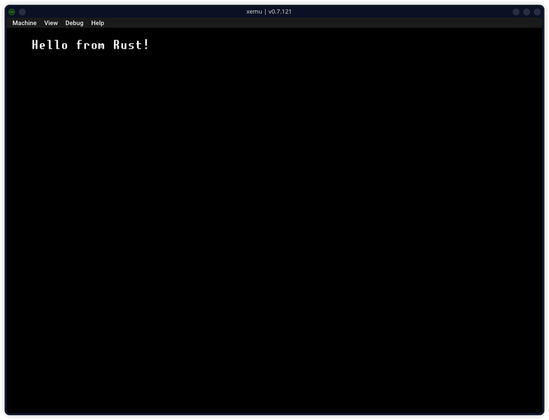A XEMU window that just contains the text "Hello from Rust!"