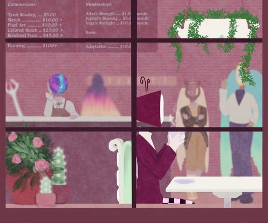 A digital painting of four object head characters. From left to right: Radiation, Ribbons, Lyre, and Timekeep. Radiation is a crystal ball object head and is working the counter. Ribbons is a TV object head and is holding a cup of tea. Lyre is a lyre object head and is chatting with Timekeep, a watch object head. There are many plants in the window. The scene looks very cozy and comfortable.