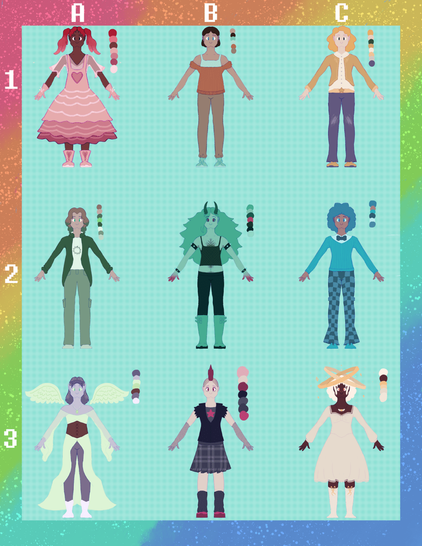 A grid of nine adoptable characters. They each have their own aesthetic and feel.