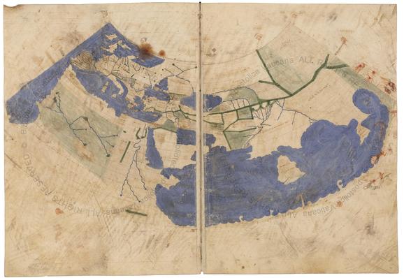 A Byzantine Greek world map according to Ptolemy's first (conic) projection. From Codex Vaticanus Urbinas Graecus 82, Constantinople c. 1300. Parchment 575 x 418 mm. Probably assembled by Maximus Planudes; later in possession of Palla Strozzi (1372-1462) then with Federico da Montefeltro, Duke of Urbino.


Photo by: By http://en.wikipedia.org/wiki/User%3APortolanero / Wikimedia Commons, Public Domain, https://commons.wikimedia.org/w/index.php?curid=16043748
