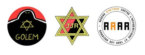 Les logos des 3 collectifs: de gauche à droite: golem, JJR, RAAR