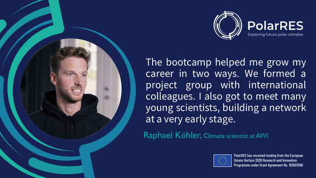 Visual with transcript from interview with Raphael Kohler, featuring the following text: The bootcamp helped me grow my career in two ways. We formed a project group with international colleagues. I also got to meet many young scientists, building a network at a very early stage.