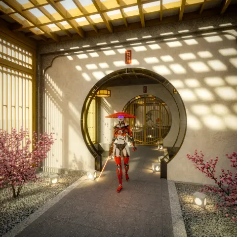 Description by ChatGPT: 
The image is a detailed 3D render of a scene blending traditional Japanese architecture with futuristic robotic elements.

Setting and Architecture:

The scene takes place in a serene corridor with traditional Japanese design.
The ceiling has a wooden trellis, creating intricate light and shadow patterns.
Light-colored plaster walls enhance the calm ambiance.
The floor is made of smooth, grey stone tiles.
Large circular doorways, known as "moon gates," create depth.
Japanese shoji screens with wooden frames and translucent paper panels line the corridor, allowing diffused light.
Botanical Elements:

Gardens on either side feature blooming cherry blossom trees with delicate pink flowers.
The gardens also have minimalist pebbles or gravel, typical of Japanese rock gardens.
Main Subject:

A humanoid robot walks through the corridor, featuring white and red armor plating.
Its face is featureless except for glowing purple eyes, giving a futuristic look.
The robot wears a traditional Japanese straw hat (kasa).
It holds a glowing red katana, suggesting a purposeful mission.
Lighting:

Soft, natural light filters through the trellis and shoji screens, creating a peaceful atmosphere.
The lighting and shadow interplay add visual appeal to the scene.
This image seamlessly merges traditional Japanese aesthetics with futuristic elements, creating a visually striking and unique blend of the past and future.