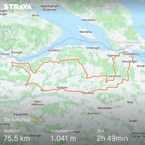 Screenshot der Strava-App mit aufgezeichneter Rennrad-Runde am Bodensee.