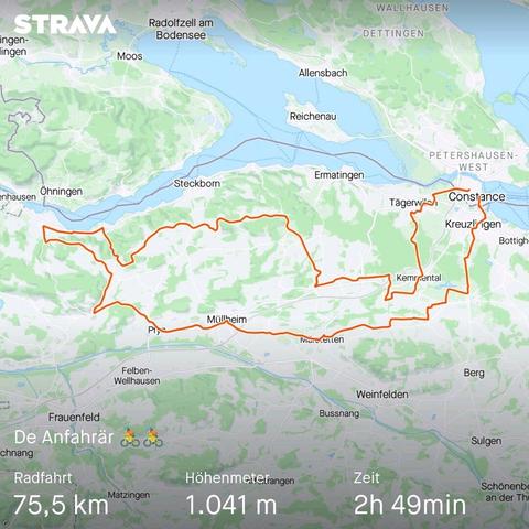 Screenshot der Strava-App mit aufgezeichneter Rennrad-Runde am Bodensee.