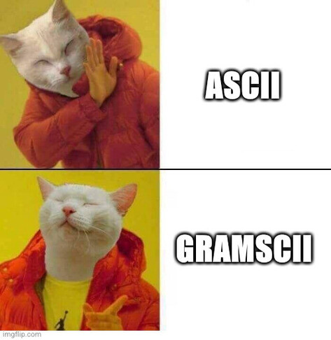 It's a picture of the yes no meme but with a cat. It shows the No-cat and next to it is written "ASCII". It shows the yes-cat and next to it is written "GRAMSCII"!