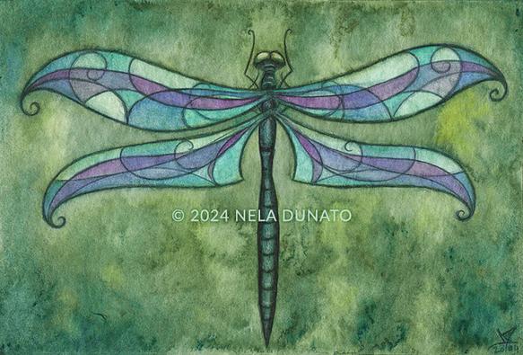 Traditional painting of a dragonfly in the Art Nouveau style with wings resembling stained glass windows. The background is in vibrant shades of green, and the wings are blue and violet.