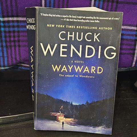 La couverture du roman "Wayward" de Chuck Wendig. La nuit à l'extérieur, une silhouette masculine, probablement sur un sol enneigé, fait face à un chalet aux fenêtres illuminées, devant une forêt de conifères. Un ciel étoilé recouvre un tiers de la couverture.
