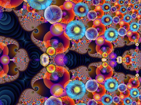 Bubble like fractal balls and delicate spirals in blue red and purple
