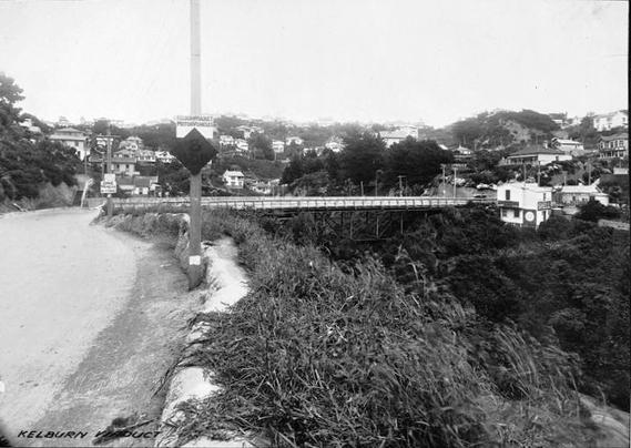 Black-and-white photo: View of Kelburn Viaduct on the east side, Upland Road. 30 October 1929. Photographer, F. G. Barker. Description: A broadside view of the viaduct in the middle distance, crossing a steep gully; the surfaced road is at the left of frame – there is a power pole on the right-hand kerb in the foreground with the attached sign “Kelburn Viaduct, Motor Vehicles, 8 MPH”; in the background many single or two-storey houses and other buildings are dotted across the tree- and vegetation-covered hills. Citation: Wellington City Council Archives, 00127-1-Page 94. https://archivesonline.wcc.govt.nz/nodes/view/139141