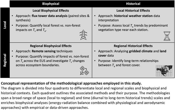 schematic - Conceptual representation of the methodological approaches employed in this study. The diagram is divided into four quadrants to differentiate local and regional scales and biophysical and historical contexts. Each quadrant outlines the associated methods and their purpose. The methodologies span a broad range of space (local to regional) and time (diurnal to long-term historical trends) scales and enriches biophysical analyses (energy-radiation balance combined with physiological and aerodynamic approaches) with empirical or data-driven approaches.