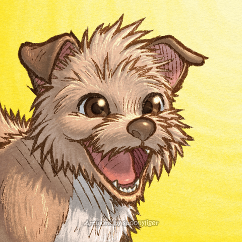 Digitally hand-drawn bust artwork of a sandy-brown, hairy dog facing forward towards the right side of the image at a 3/4 angle with a happy facial expression, on a yellow background.