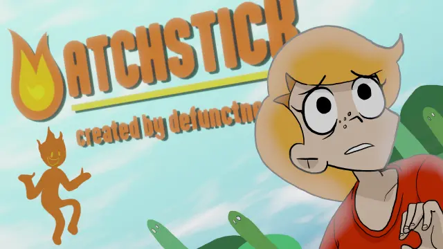 ALT TXT: 
MATCHSTICK
created by defunctnerd

A redheaded young woman is looking off to the right, startled and frightened. Behind her is an ominous small fire creature floating in the sky. In the backdroo are hills and cacti that resemble a Mario level.