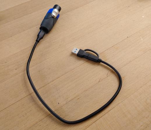 A USB A->C cable plugged into the USB2Speakon. It also works like that. 
But it just looks wrong :D