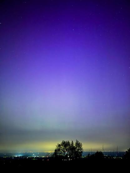 Starry night sky with shades of purple and blue over silhouetted trees and distant city lights.