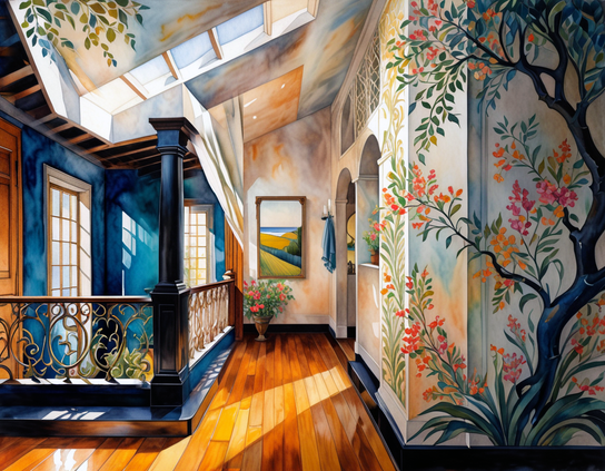 Luxuriant floral motifs on walls, painted foliage on ceiling, soft shadows, sunlit upper windows, rich wooden floors, vivid blue wall, intricate iron railings around an area open to the floor below.