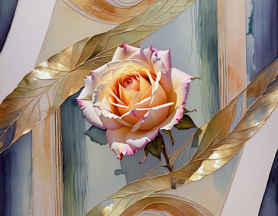 Large intricate yellow rose with pink edges, attached to a wall with streaked striped paper, next to wide textured golden ribbons.