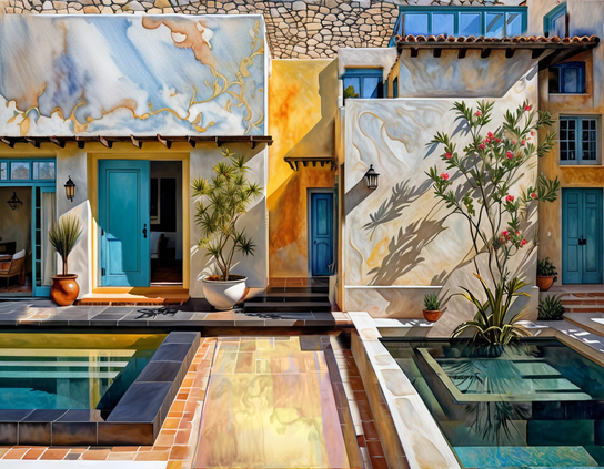 Sunny back patio of a condo complex with modern water features, pastel walls, vivid blue doors, lush potted plants.