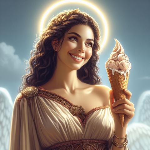 Eine Frau mit Heiligenschein hält ein Waffelhörnchen mit Softeis in der Hand.