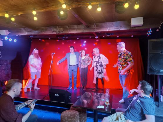 People talking on stage at the Run for the Border event in Dundalk last night. From right to left, Dave McCabe from SpookyDoorway, Alan Duggan from Ardán, Leela Collins from Screen Ireland, Kerry Michelle O'Brien from Northern Ireland Screen and Kevin Beimers from Italic Pig.