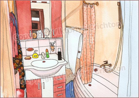 Bathroom, naive art. Sketch interior illustration 2, naive perspective, digital image. Watercolor and liner.