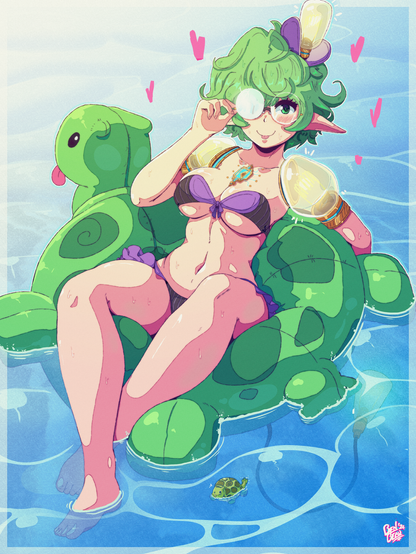 Digital Art. Pandoria from Xenoblade Chronicles 2 lounging on a turtle themed inner tube at the beach.