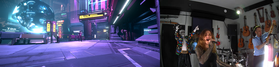 Screenshot of a Dual MOnitor setup with Star Citizen on the left (showing a cityscape cyberpunk aesthetics) and a video screen on the left (2 people singing and one with a bunny mask)