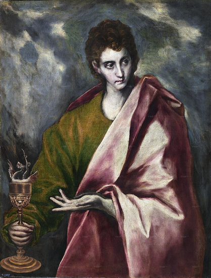 St John points with his left hand to a golden chalice in his right hand, from which a a small dragon is emerging.