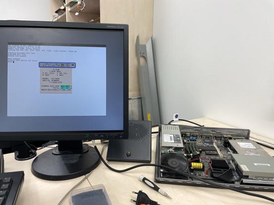 A NeXTstation Turbo Color with ADB keyboard/mouse using an EPROM with my modified firmware. The NeXT is connected to a NEC EA190M LCD which shows the 68 Hz refresh rate used in its status display and has a stable display of the NeXT firmware boot screen.
