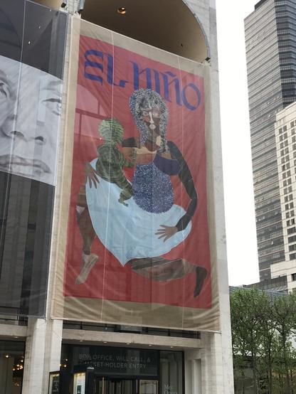 Banner outside the Met for El Niño with a cubist Mary and child