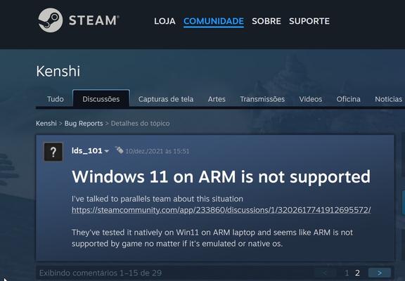 Screenshot of a Steam community forum post discussing the lack of support for Windows 11 on ARM for the game Kenshi.