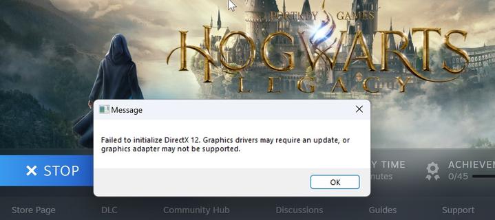 Error message overlaying a video game background, reading "Failed to initialize DirectX 12. Graphics drivers may require an update, or graphics adapter may not be supported."