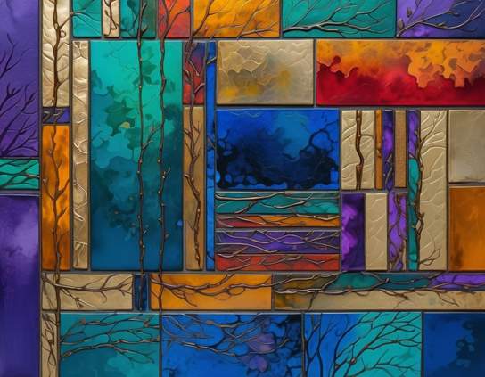 Patchwork of metal rectangular pieces anodized in contrasting vibrant colors of teal, gold, red, blue, orange, and purple, with overlaid bare tree branch patterns.