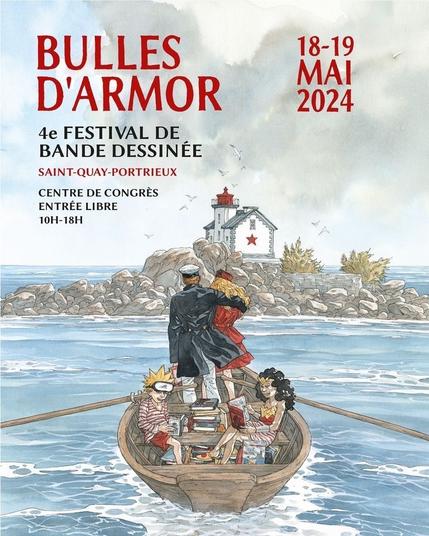 L’affiche officielle du festival, représentant une barque naviguant vers le phare au large de St Quay Portrieux, avec Corto Maltese, Wonder Woman et Naruto, ainsi qu’une femme en costume rouge que je ne connais pas. 

On trouve également les informations telles que les dates et le lieu.