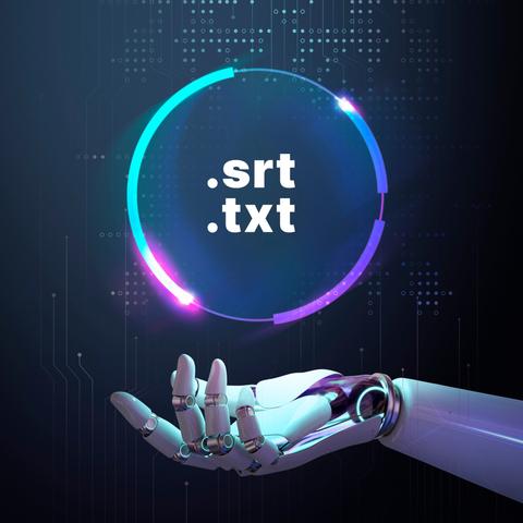 Nad dłonią robota świetlny okrąg a w nim rozszerzenia plików .srt i .txt