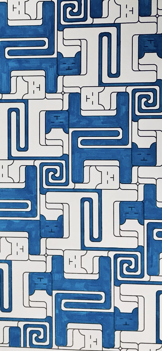 Geometrisches Muster in blau-weiß, dass aus stilisierten Katzen besteht.